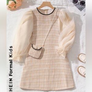 SHEIN Tween Girls' Mesh Spliced Grid Pattern Puff Sleeve Dress size 10 yr